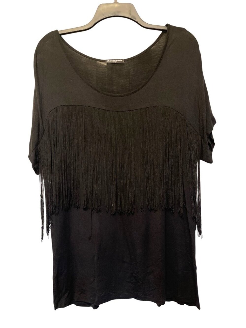 Cha Cha Vente Black Fringe Sleeve Tee Shirt Size L Rayon Blend